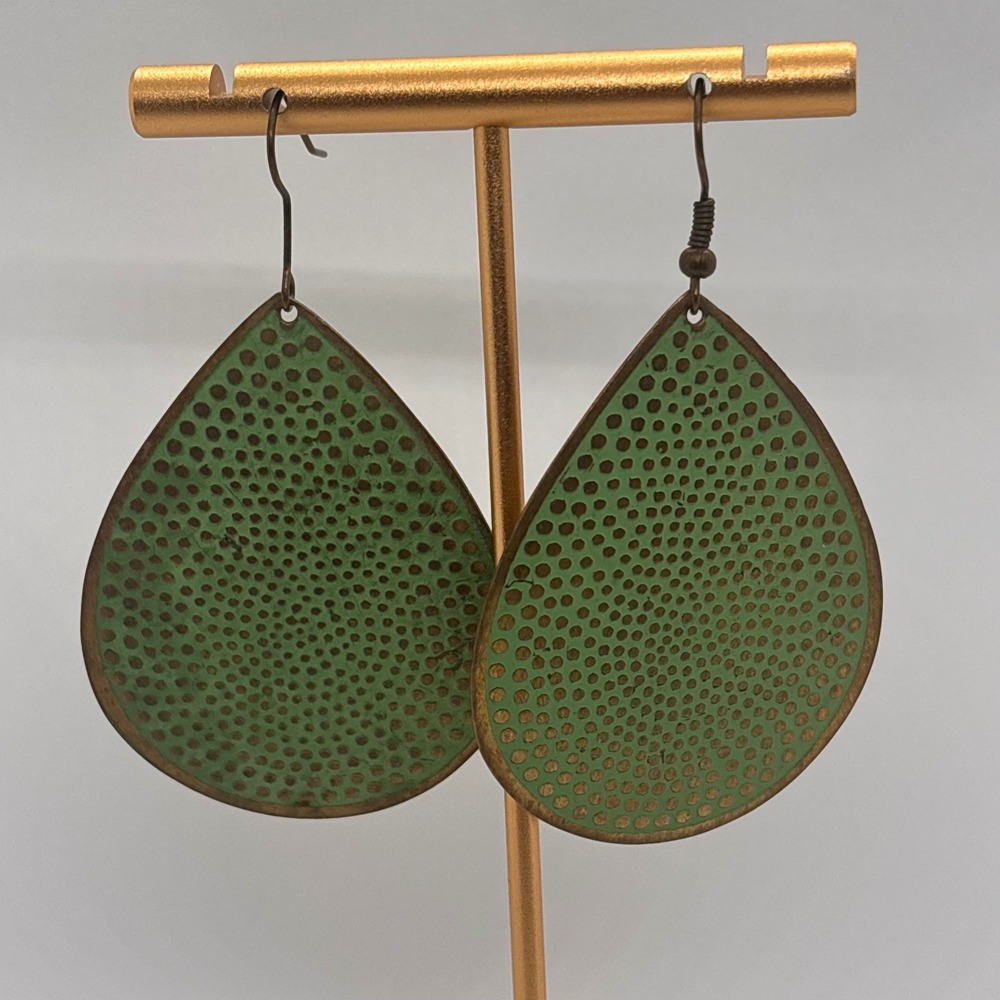 Green Teardrop Dangle Earrings Distressed Boho‎ Chic
